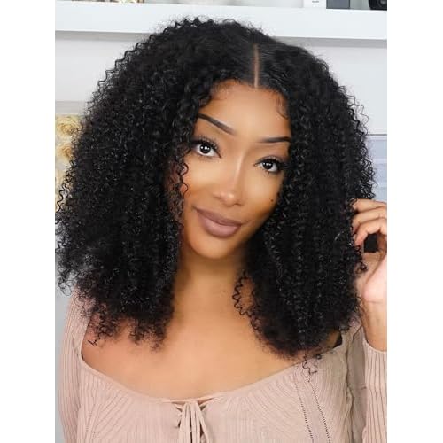 Domiso 26 Inch Afro Kinky Curly Glueless Wigs Human Hair 8X5 M-Cap Lace Pre Cut Lace Front Human Hair Pre Plucked Knots Bleached Beginner Wigs For Women
