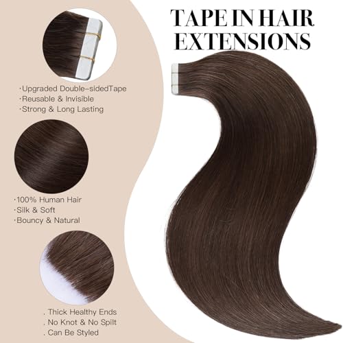 Tape in Hair Extensions £¬Real Human Hair Extension,Chocolate Brown Human Hair 22 inch 32pcs 80g,Thick Ends Straight Seamless, Invisible Tape in Hair Extensions Human Hair