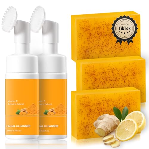 Turmeric Wash and Care 2 Piece Set ? 2 bottles turmeric face wash with brush + 3 Pack Cleansing Soap Bars for Face and Body, Turmeric Face Wash and Soap Combo for All Skin Types