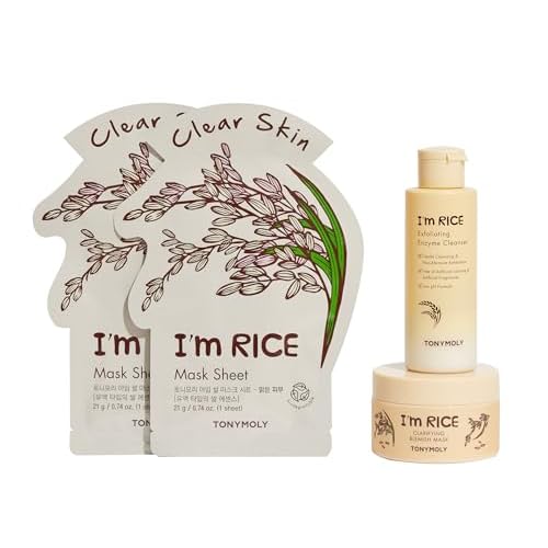 TONYMOLY I'm Rice Clarifying Skincare Set ? 3-Step Face Care for Clear, Hydrated Skin ? Includes Enzyme Powder Cleanser, Blemish Mask & Nourishing Sheet Masks ? Gentle Exfoliation & Oil Control