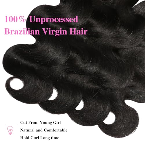 26 28 30 Inch Human Hair Bundles Body Wave Bundles Human Hair 12A Grade 100% Unprocessed Brazilian Virgin Hair Quick Weave Extensions Natural Black(26 28 30 Body Wave)