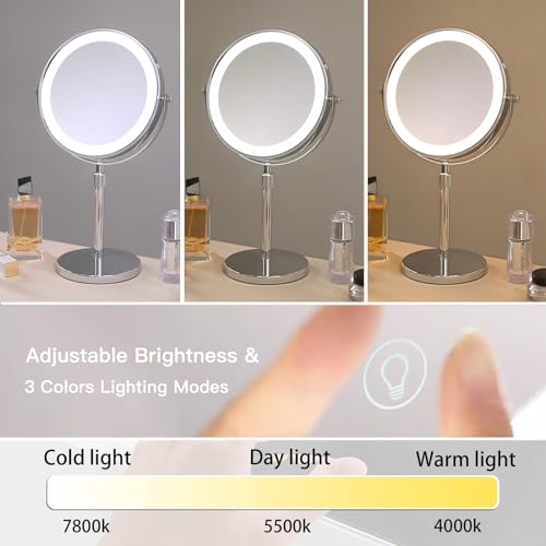 HIEEY Lighted Makeup Mirror with Magnification, 1x/10x Rechargeable 8" Lighted Mirror, 360¡Æ Rotation Touch Screen Vanity Mirror, Three Color Lighting Modes, Height Adjustable (Gift Box)