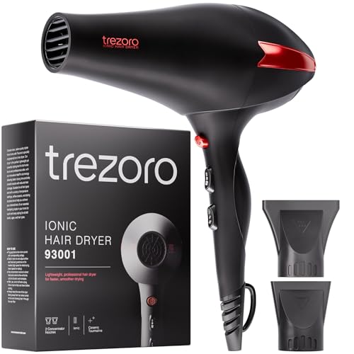 TREZORO Professional Blow Dryer for Women ? Ionic Hair Dryer 2000W for Salon & Personal Use ? Powerful, Fast & Quiet Drying for Curly Hair, Unwanted Frizz ? Design for Travel ? 8.2ft Cord ? Black