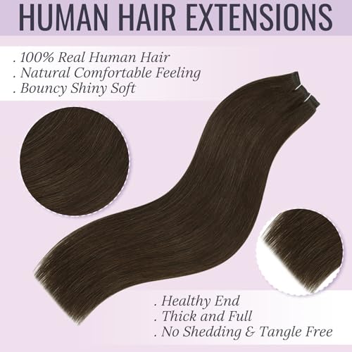 Fshine Hand Tied Weft Hair Extensions Real Human Hair 24 inch Dark Brown Double Weft Full Head Sew in Extensions Weave Bundles for Women
