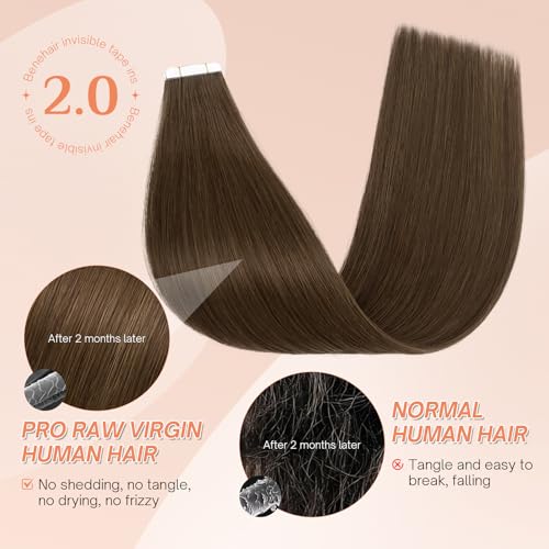 Benehair Tape in Hair Extensions Human Hair, Dark Brown Remy Hair Extensions Straight Human Hair Tape in Extensions Invisible 10pcs 20g 14 inch