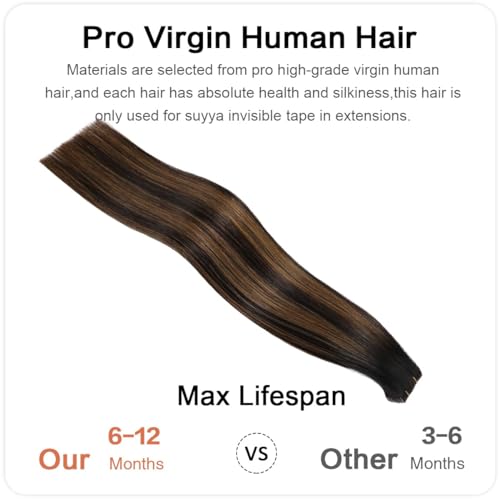 SUYYA Invisible Tape in Hair Extensions Human Hair Seamless Injected Hand-Tied Pro Virgin Human Hair Tape Ins Balayage Natural Black to Chestnut Brown 20PCS 50G/Pack Straight(20 inch #P1B/6/T1B)