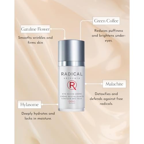 Radical Skincare Eye Revive Creme - 4 in1 Anti-Aging Solution Combats Wrinkles, Dark Circles, Puffiness, & Fine Lines - For All Skin Types Including Sensitive Skin - Paraben & Cruelty Free (0.5 Fl Oz)