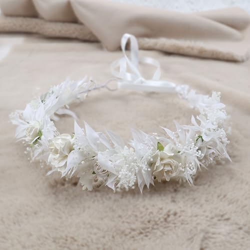 White Flower Girl crown Brides Baby's Breath Headpiece Floral Hair Wreath Hair Accessories Headband for Child(43cm)