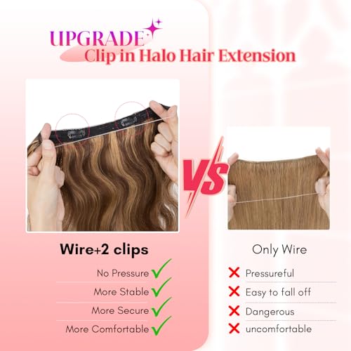 Rich Choices 100% Real Human Halo Hair Extensions Wave Remy Invisible Wire In Hair Extensions Human Hair Clip in Hair Piece 20 Inch #4P27 Medium Brown Mixed Dark Blonde