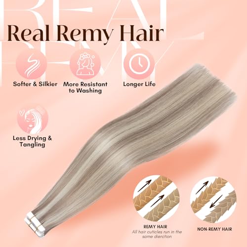 Elailite Tape in Hair Extensions Human Hair Thick Real Remy Hairpieces Ash Blonde & Bleach Blonde 16 Inch 50g 20pcs Straight Invisible Seamless Skin Weft Best Tape for Women