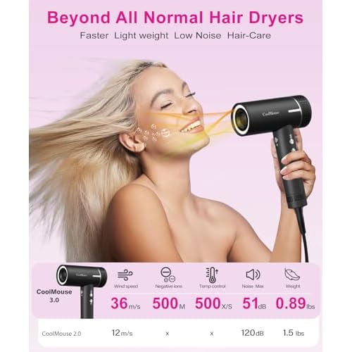 High-Speed Ionic Hair Dryer: 160000 RPM Brushless Motor Fast Drying Low Noise Thermo-Control Hairdryer,500 Millions Negative Ionic Care Blow Dryer Travel with Magnetic Diffuser & Nozzle