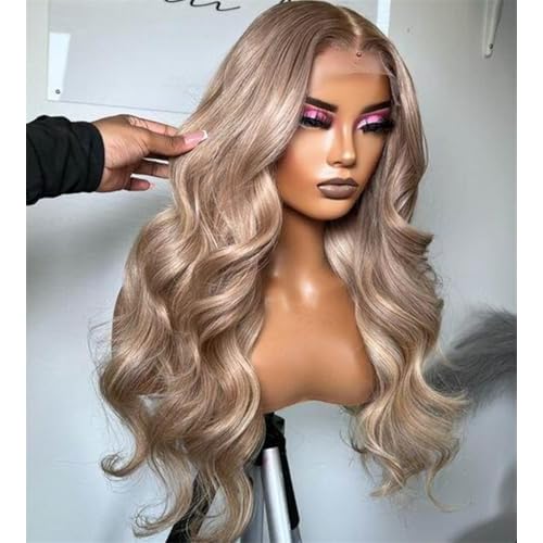 Rina 200% Density Milk Tea Ash Blonde Lace Front Wig Human Hair Upgrades Body Wave Platinum Grey Balayage Lace Front Wig More Full and Thicker 13x4 HD Invisible Frontal Wig for Women 26 Inch