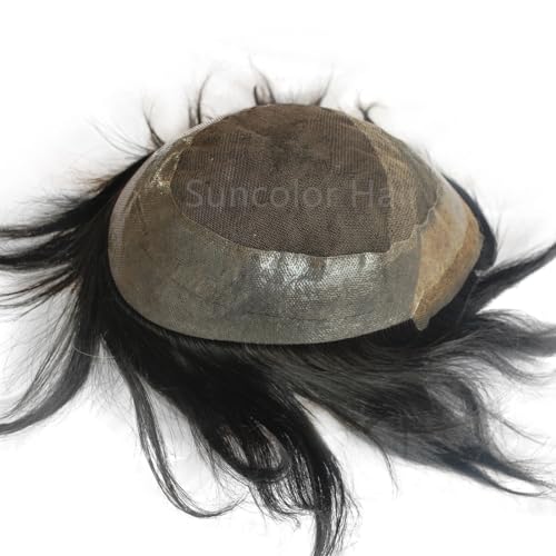 Black Human Hair Toupee for Men 1B Swiss Lace Front Remy Hairpiece Bleached Knots (1B-PUaround)