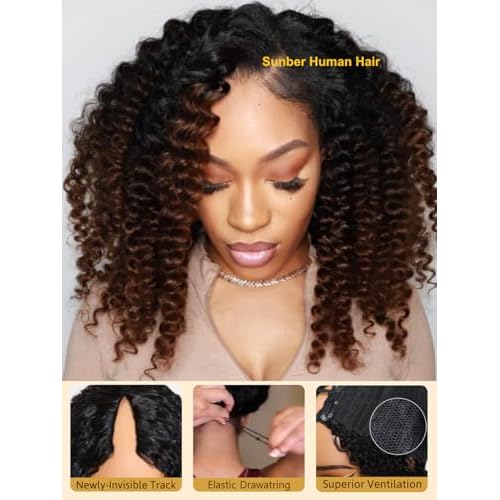 Sunber EasiContour V Part Human Hair Ombre Chestnut Brown Curly Glueless Wig Upgrade Vpart Wigs No Leave Out No Gel 180% Density V Shape Clip Wigs No Sew in Ready to Go Beginner Friendly 20Inch