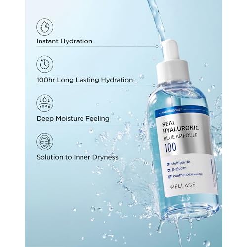 WELLAGE Real Hyaluronic Blue Ampoule 100, Value Review Korean Skincare, Fragrance Free Hyaluronic Acid Serum with Panthenol, Wild yam, Centella, Deep Hydration, Firming, Plumping, Non-Sticky 2 Pack