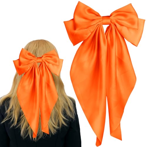 Pufandor Hair Bow Silky Satin Hair Ribbons for Women, Orange Bows for Girls Hair Bowknot Barrettes Long Tails with Clips Big Hair Bows Hair Accessories (Orange 1pc)