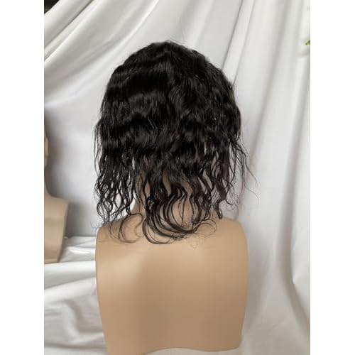 12" Human Hair Toupee Natural Wave 10¡¿8 Inch Hairpieces for Men 100% European Virgin Human Hair Replacement System Hair Topper Pieces for Men Mono Net with PU Around (#natural black color)