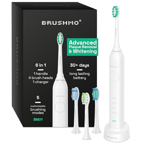 Brushmo Super Sonic Electric Toothbrush with 4 Replacement Heads - Rechargeable Electronic Tooth Brush for Adults with 5 Customizable Modes - IPX7 Waterproof & Long-Lasting Battery - White