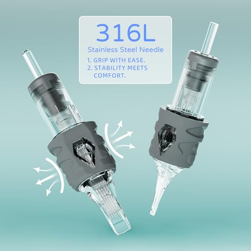50Pcs Tattoo Cartridge Needles, Professional Assorted Kit (#12 Standard) - Mixed RL, RS, M1 & RM Sizes with Safety Membrane & Finger Ledge Grip for All Standard Rotary Tattoo Pen Machines