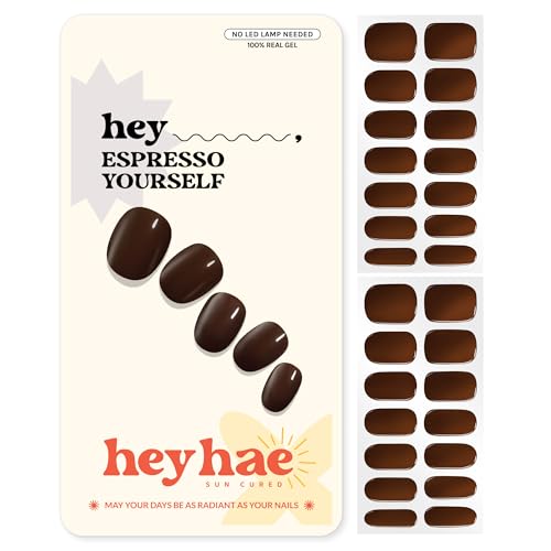 Heyhae Semi Cured Gel Nail Strips | No LED Lamp Needed | Fall, Solid, Brown | Easy Apply & Remove, Salon Quality | Includes 28 Strips, 1 Prep Pads, Nail File & Wooden stick - Hey, Espresso Yourself