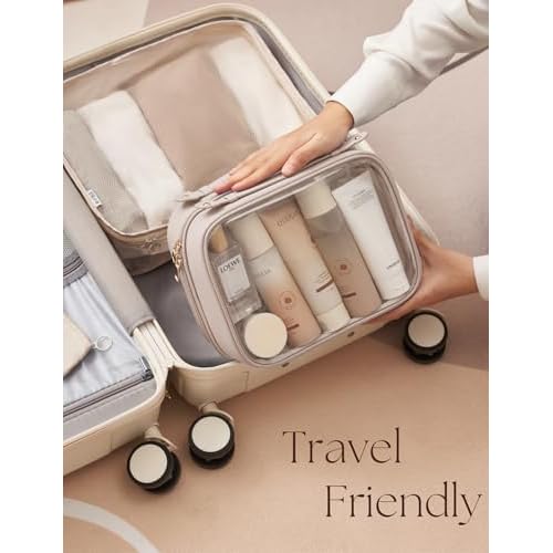 Clear Cosmetic Bag Double Layer Travel Toiletry Bag Clear Makeup Bag Case with 4 Compartments, Transparent Travel Bag for Toiletries, Large Toiletry Bag for Women Cosmetic Case (Taupe, Large)