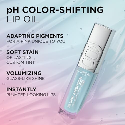 L'Oreal Paris Plump Ambition pH Hyaluron Lip Oil, Color Shifting Lip Tint with 24HR Hydration, Volumizing Shine and Lasting Color, 050 pH Lilac