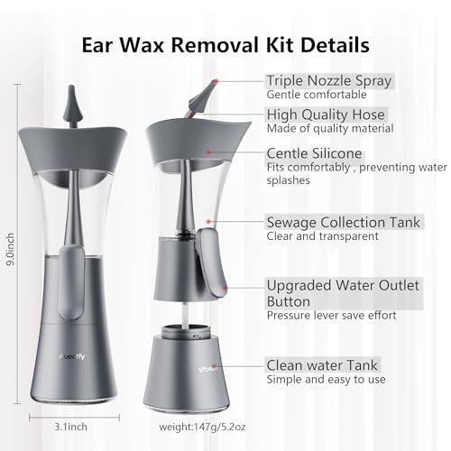 Manual Ear Wax Removal Kit - One-Hand Control Ear Cleaner Tool, Easy to Use Ear Irrigation Flushing System with Soft Silicone Tip for Effective & Safe to Clean Ear Built Up Wax Home Use(Gray)