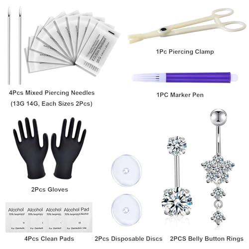 judero Belly Piercing Kit 16Pcs Belly Button Piercing Kit Includes 2Pcs 14G Belly Button Rings 1Piercing Clamp 4Piercing Kits 4Clean Pad 2Piercing Discs 1Marker Pen 2Gloves Piercing Supplies
