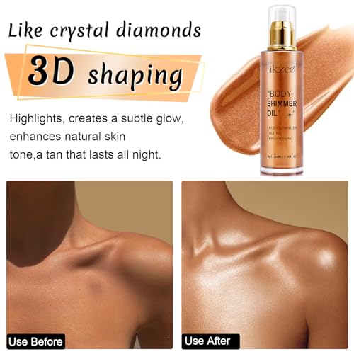 Body Shimmer Oil 100ml, Long Lasting Moisturizing Face & Body Luminizer, Waterproof Liquid Illuminator, Shimmer Glitter Oil Highlighter (#04 Golden Brown)