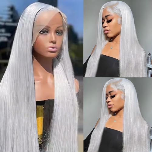 Munx Human Hair Lace Front Wig for Black Women 180% Density Thick 13x6 HD Transparent Glueless Wigs Wear and Go Silver Grey Real Human Hair Straight Pre Plucked Lace Front Wigs 22"