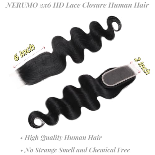 2x6 HD Lace Closure Body Wave Human Hair Transparent 2 by 6 HD Lace Closure 18Inch 100% Brazilian Virgin Unprocessed Middle Part Human Hair Kim K Closure With Baby Hair Natural Color