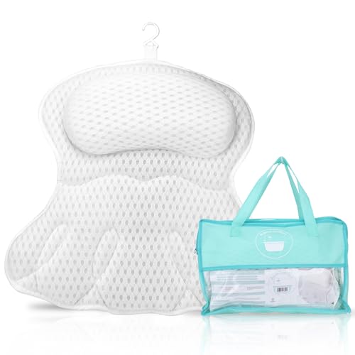 Bathtub Pillow, Luxury Bath Pillows for tub Neck, Back and Shoulder Support, Thick Padded, Ergonomic Bath Tub Pillow with 4D Air Mesh Cushions, Strong Suction Cups, Relaxing Bath Accessories Spa Gifts
