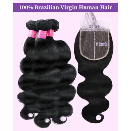 DJFG 12A Human Hair Bundles with Closure Body Wave 20 22 24+18 Inch 5x5 HD Frontal Body Wave Bundles Human Hair Real 100% Raw Unprocessed Brazilian Virgin Sew in Quick Weave Natural Black Deals