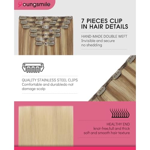 Youngsmile Real Hair Clip in Extensions #10/27/27 Golden Blonde with Bleach Blonde Human Hair Extensions Clip in, Soft Silk Straight,Double Weft, 140g 7 Pieces 14inch (7C#10/27/27-14inch)