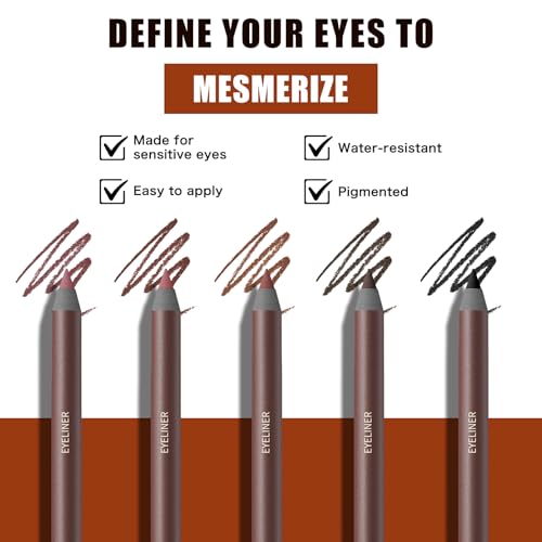 Pinkiou 5 Colors Eyeliner Pencil Set, Waterproof Smudge-Proof Eye Liner Pencil, Long-Lasting Makeup Pencils for Eyebrows and Eyeliner (Plum, Stone, Chocolate, Brown, Black)?