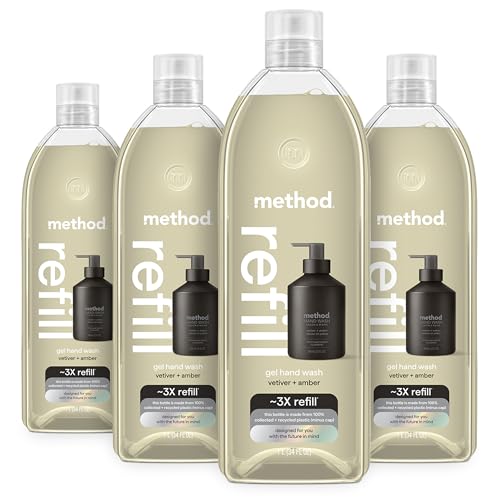 Method Premium Gel Hand Wash Refill, Vetiver + Amber, Recyclable Bottles, Biodegradable Formula, 34 fl oz (Pack of 4) (Packaging May Vary)