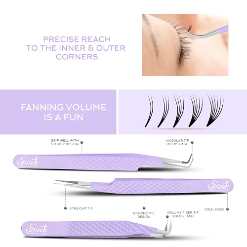 SIVOTE Lash Tweezers for Eyelash Extensions, Pack of 5 Purple ? Lash Extension Tweezers Set with Diamond Grip, Precision Fiber Tip for Volume Eyelash Extensions