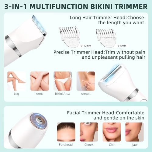Bikini Trimmer for Women,3-in-1 Electric Shaver for Women,Rechargeable Painless Pubic&Facial Razor for Sensitive Skin,Lip,Arms,Legs with LED Display (Gradient Green)