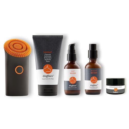 Dogface Men's Skincare Set - Technobrush, Electric Facial Brush, Wakeup Gel Face Wash to Hydrate Skin, Day Boom, Night Boost Retinol Serum, Eye Cream - Free Shower Caddy