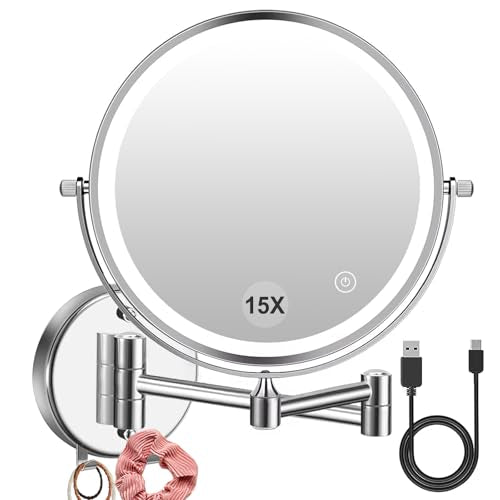 Wall?Mounted LED Makeup Mirror 1¡¿/15¡¿ Magnifying ? USB Rechargeable, 3?Color Touch?Dim Light, 360¡Æ Swivel 8¡± Double Sided, 2000?mAh Battery, Ideal for Hotel & Bathroom