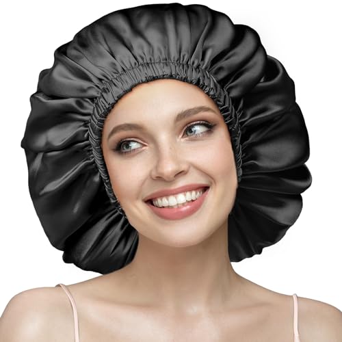 YFONG Double Layered 100% Silk Bonnet for Sleeping Women, 22 Momme Pure Mulberry Silk Sleep Shower Cap with Adjustable Elastic Band Stay On Head£¬Reduce Frizz, Keep Hairstyle, Black, L