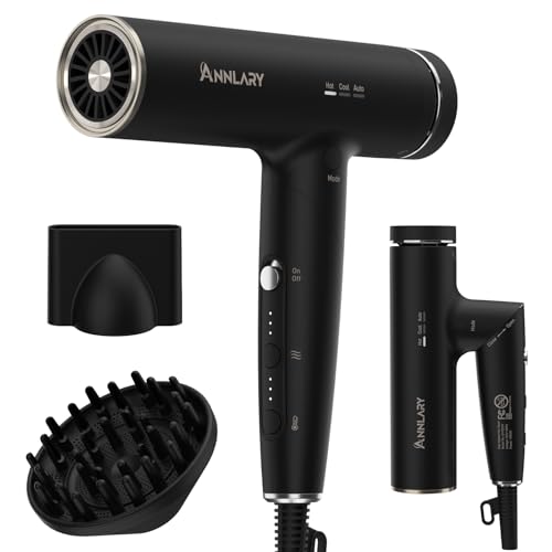 Plasma Ion Hair Dryer with Diffuser for Curly Hair, 110000 RPM Professional High Speed Blow Dryer with Plasma Ion, 1500W Foldable Travel Hairdryer with 6.5 Ft Cord Fast Drying for Women Men