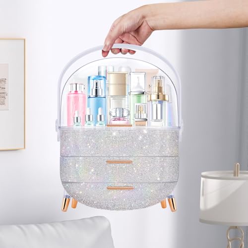 Teen Girls Gift Makeup Organizer, Skincare & Jewelry Storage, Cosmetics Display Case, Makeup Holder, Bathroom Organizer (Bling Rhinestone)