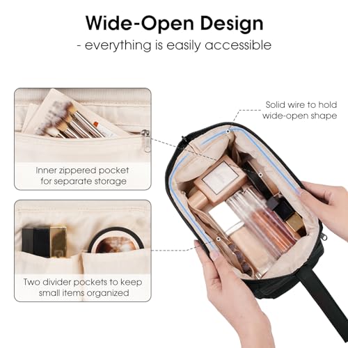 Narwey Makeup Bag Women Wide-open Make up Bag Travel Cosmetic Bag Organizer Toiletry Bag for Cosmetics Toiletries Accessories (Black)