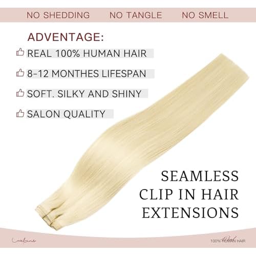 LOVELINE Seamless Clip in Hair Extensions Real Human Hair, Luxury Remy Human Hair Extensions Clip ins for Women, 24 Inch 110g 7Pcs, Bleach Blonde