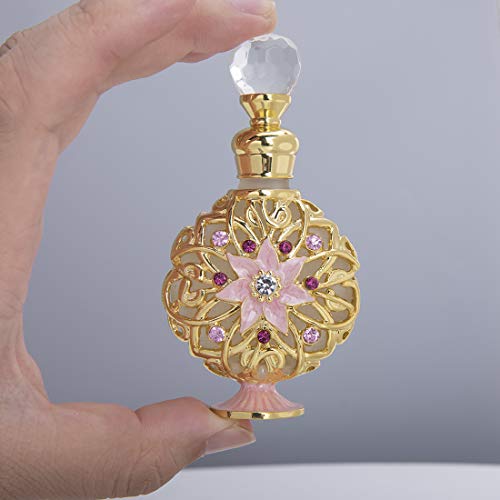 YU FENG Jeweled Flower Perfume Bottles Empty Vintage Decorative Fancy Crystal Glass Perfume Bottle Refillable(Golden,10ml)