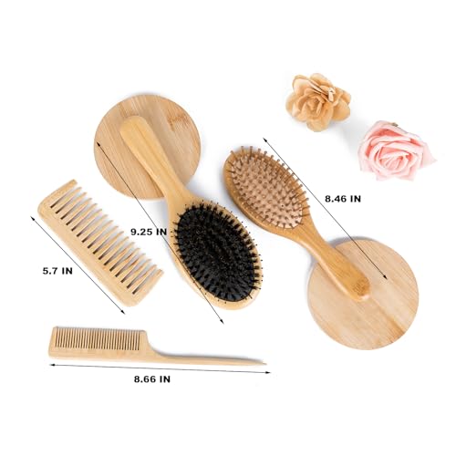 4 PCS Bamboo Hair Brushes Set,Boar Bristle and Detangling Combs,Hair Care Tools with Natural Bristles, Birthday Gift for Family Friend Women Men Mother Hairbrush Kit