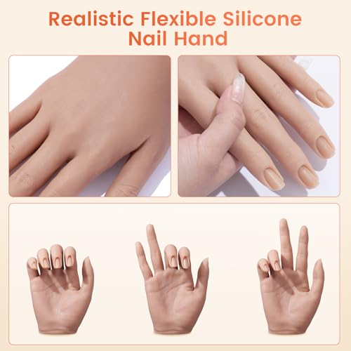 Practice Hand for Acrylic Nails: Silicone Nail Hand Practice with Gold Rings - Flexible Fake Hand Mannequin Nail Hand Kit for Beginners