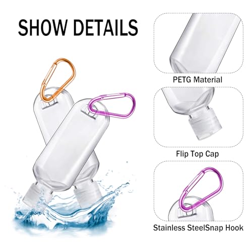 HATTIE 6 Pack Travel Plastic Clear Keychain Bottles 50ml/2oz Portable Leakproof Squeeze Small Bottles With Flip Cap Refillable Empty Containers for Lotion Soap Toiletry