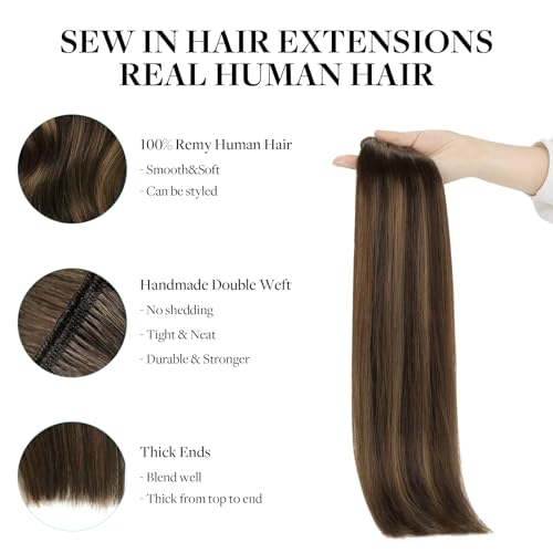 DOORES Sew in Hair Extensions Real Human Hair, Balayage Dark Brown to Chestnut Brown 24 Inch 120g Weave Remy Extensions Full Head Long Straight